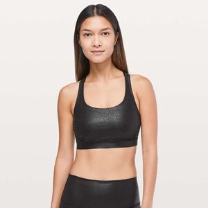 Lululemon Black Faux Leather Energy Sports Bra Sz 6 Luminosity Foil Print Black